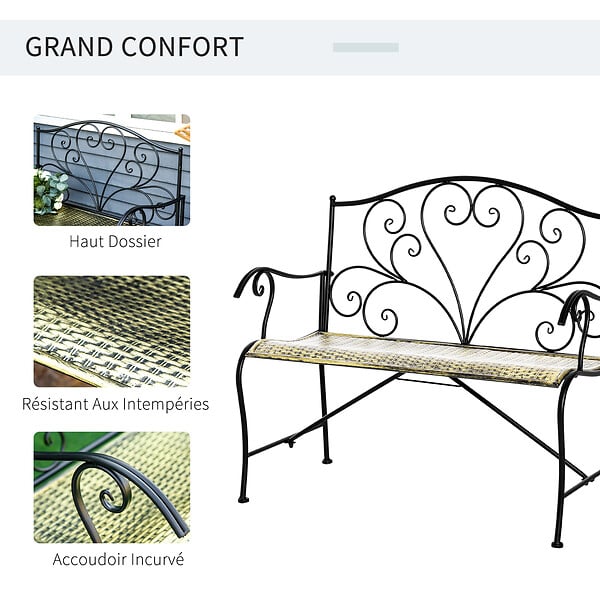 OUTSUNNY - Banc de jardin 2 places style néo-rétro fer forgé lignes fuselées métal noir doré effet vieilli - large