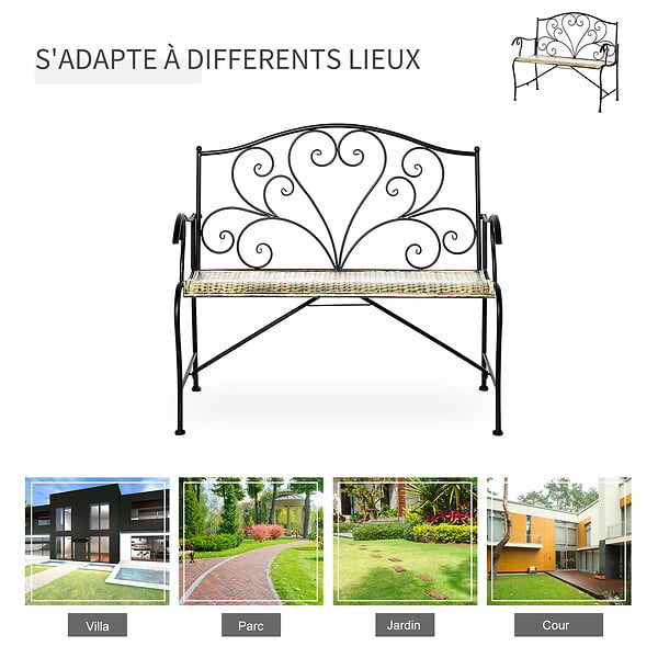 OUTSUNNY - Banc de jardin 2 places style néo-rétro fer forgé lignes fuselées métal noir doré effet vieilli - large