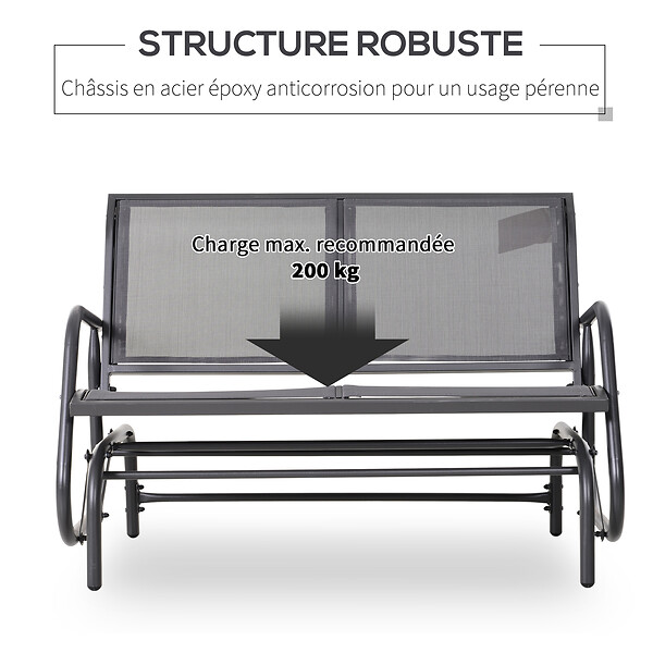 OUTSUNNY - Banc à bascule de jardin 2 places design contemporain grand confort accoudoirs assise, dossier ergonomique acier textilène gris - large