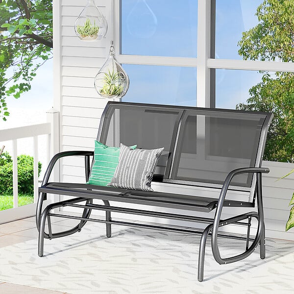 OUTSUNNY - Banc à bascule de jardin 2 places design contemporain grand confort accoudoirs assise et dossier ergonomique acier textilène noir - large