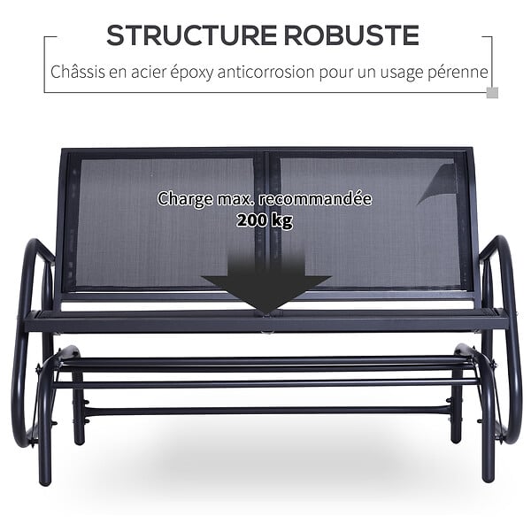OUTSUNNY - Banc à bascule de jardin 2 places design contemporain grand confort accoudoirs assise et dossier ergonomique acier textilène noir - large