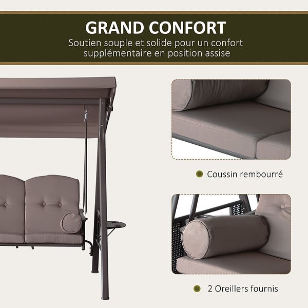 OUTSUNNY - Balancelle de jardin 3 places grand confort toit inclinaison réglable coussins plateaux rétractables polyester filé marron - large