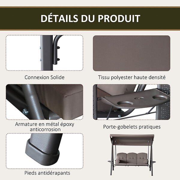 OUTSUNNY - Balancelle de jardin 3 places grand confort toit inclinaison réglable coussins plateaux rétractables polyester filé marron - large
