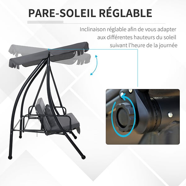 OUTSUNNY - Balancelle de jardin convertible 3 places grand confort inclinaison toit réglable matelas fourni 2L x 1,25l x 1,7H m métal polyester noir anthracite - large