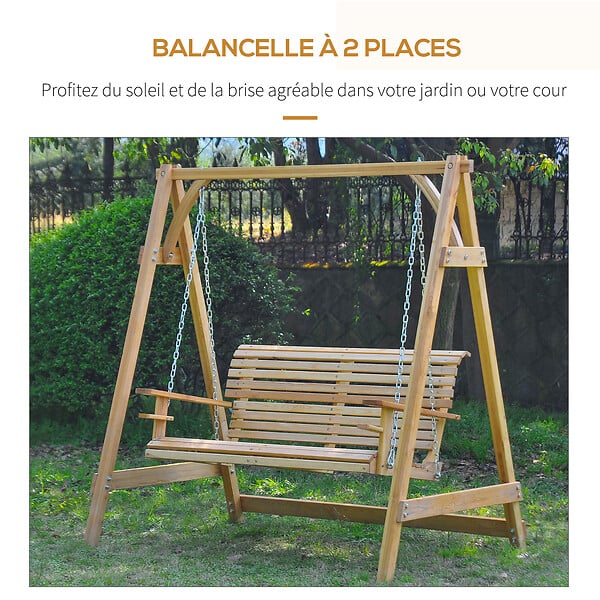 OUTSUNNY - Balancelle de jardin 2 places dim. 1,8L x 1,2l x 1,85H m accoudoirs supports verres bois de mélèze pré-huilé - large