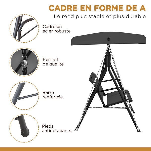 OUTSUNNY - Balancelle de jardin 3 places grand confort toit inclinaison réglable assise et dossier ergonomique acier époxy textilène noir - large