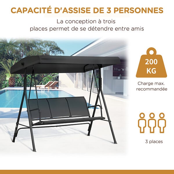 OUTSUNNY - Balancelle de jardin 3 places grand confort toit inclinaison réglable assise et dossier ergonomique acier époxy textilène noir - large
