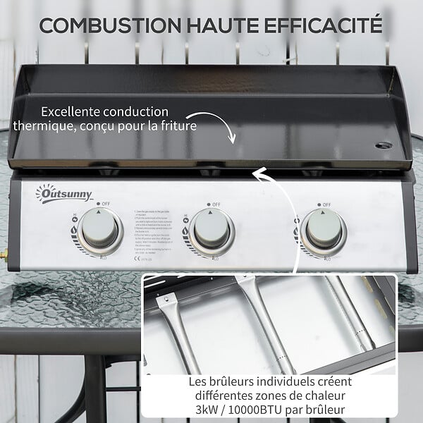 OUTSUNNY - Plancha gaz de table portable réglable - 3 brûleurs 9 kW - barbecue gaz camping - plaque de cuisson, réceptacle graisse - acier noir métal - large