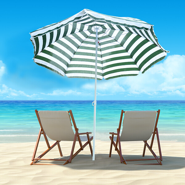 OUTSUNNY - Parasol inclinable octogonal de plage Ø 180 cm tissu polyester haute densité anti-UV mât démontable vert blanc rayé - large