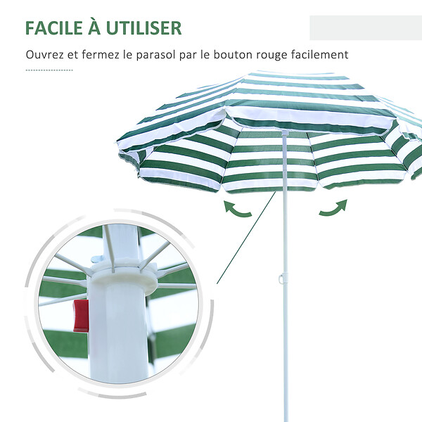 OUTSUNNY - Parasol inclinable octogonal de plage Ø 180 cm tissu polyester haute densité anti-UV mât démontable vert blanc rayé - large