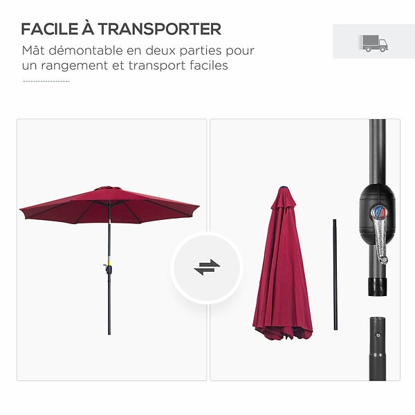 OUTSUNNY - Parasol en métal rond polyester 180g/m² manivelle inclinable Ø 2,95 x 2,5 m bordeaux - large
