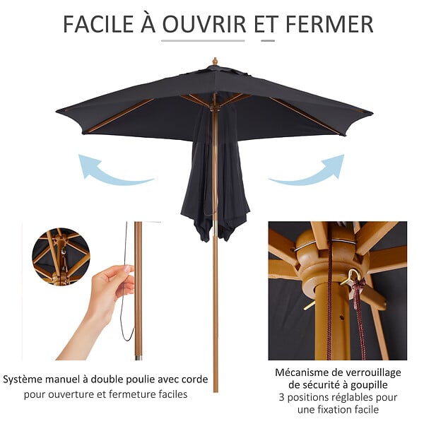 OUTSUNNY - Parasol droit hexagonal grande taille de jardin Ø 2,5 x 2,3H m bois de bambou noir - large