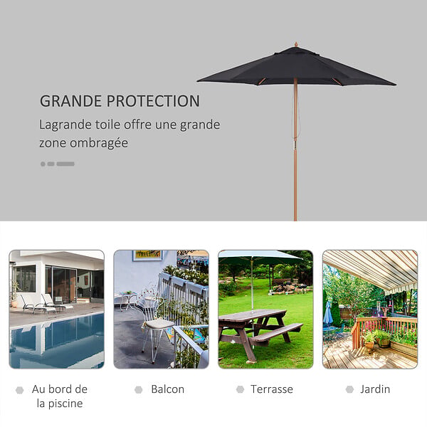 OUTSUNNY - Parasol droit hexagonal grande taille de jardin Ø 2,5 x 2,3H m bois de bambou noir - large