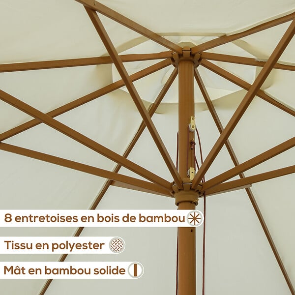 OUTSUNNY - Parasol droit rond grande taille de jardin Ø 3,25 x 2,5H m bois de bambou polyester beige - large