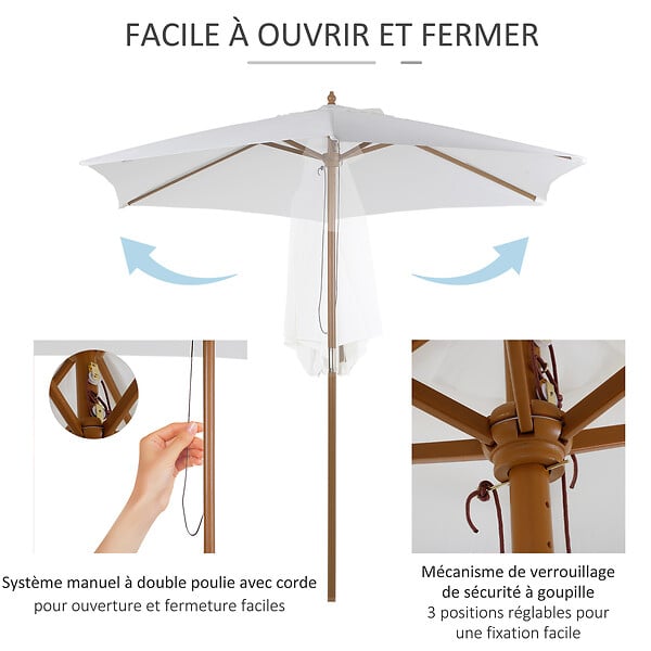 OUTSUNNY - Parasol droit hexagonal de jardin grande taille dim. Ø 2,5 x 2,3H m bambou polyester crème - large