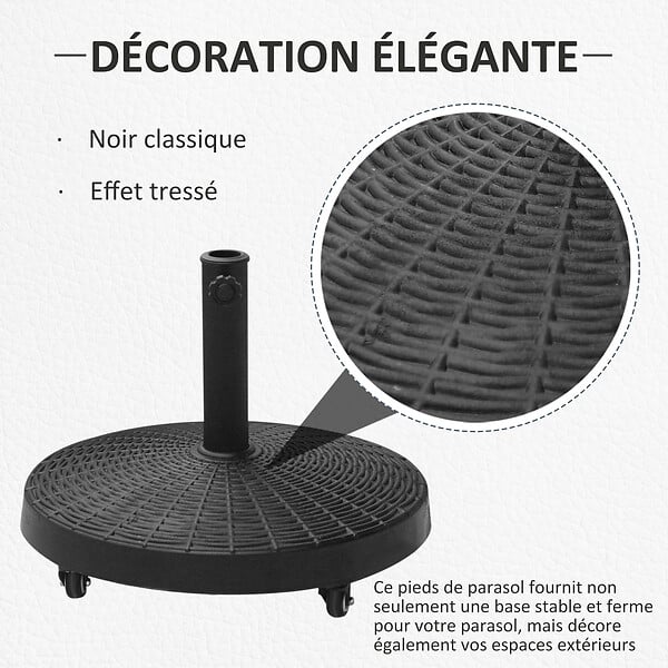 OUTSUNNY - Pied de parasol base de lestage rond poids net 22,7kg en résine avec 4 roulettes - dim. Ø 52 x 41H cm - noir - large