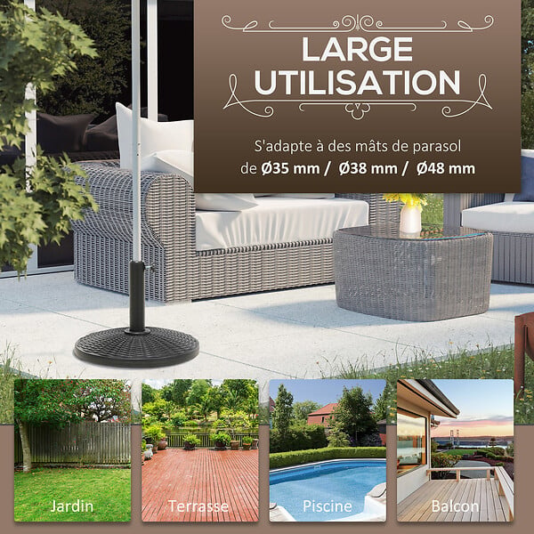OUTSUNNY - Pied de parasol rond base de lestage Ø 44 x 32 cm résine imitation rotin poids net 11 Kg noir - large
