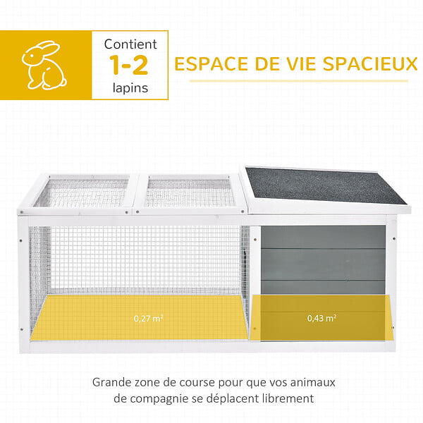 PAWHUT - Clapier de sol enclos extérieur niche porte double toit ouvrant fil métallique bois sapin pré-huilé peint gris blanc - large