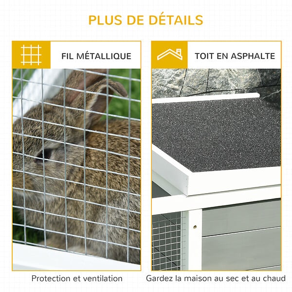 PAWHUT - Clapier de sol enclos extérieur niche porte double toit ouvrant fil métallique bois sapin pré-huilé peint gris blanc - large