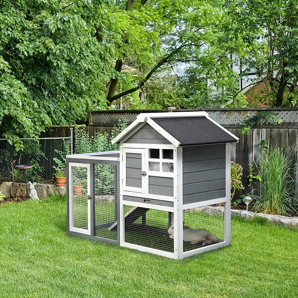 PAWHUT - Clapier cage à lapins multi-équipé : niche supérieure avec rampe, plateau excrément, fenêtre + enclos  extérieur sécurisé 2 portes 122L x 63l x 92H cm gris - large