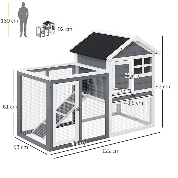 PAWHUT - Clapier cage à lapins multi-équipé : niche supérieure avec rampe, plateau excrément, fenêtre + enclos  extérieur sécurisé 2 portes 122L x 63l x 92H cm gris - large