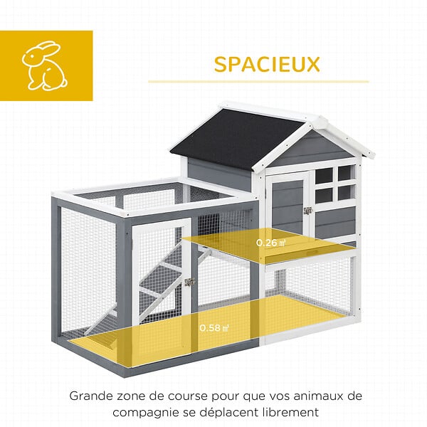 PAWHUT - Clapier cage à lapins multi-équipé : niche supérieure avec rampe, plateau excrément, fenêtre + enclos  extérieur sécurisé 2 portes 122L x 63l x 92H cm gris - large