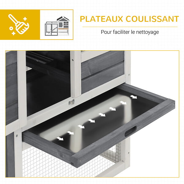 PAWHUT - Clapier cage à lapins multi-équipé : niche supérieure avec rampe, plateau excrément, fenêtre + enclos  extérieur sécurisé 2 portes 122L x 63l x 92H cm gris - large