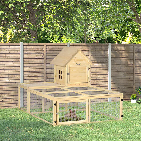 PAWHUT - Clapier enclos cage à lapin 2 niveaux dim. 151L x 106l x 97H cm - aire de jeu, rampe, portes verouillables - bois sapin - large
