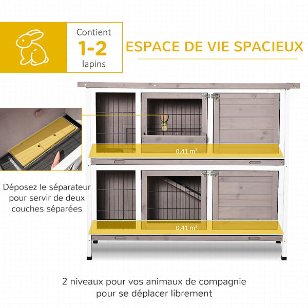 PAWHUT - Clapier à lapin cage à lapin 2 étages trappe de séparation amovible 4 portes verrouillables 2 plateaux coulissants rampe toit ouvrant bois de sapin gris blanc - large