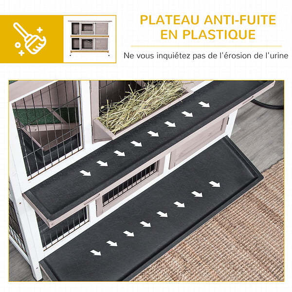 PAWHUT - Clapier à lapin cage à lapin 2 étages trappe de séparation amovible 4 portes verrouillables 2 plateaux coulissants rampe toit ouvrant bois de sapin gris blanc - large