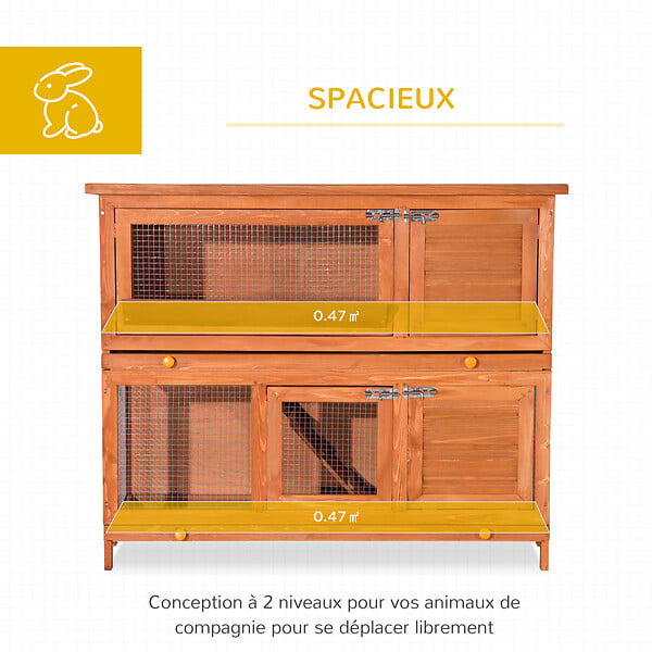 PAWHUT - Cage a lapin poulailler clapier en bois de pin de grande taille avec 2 etages 120x48x100 cm - large