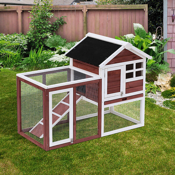 PAWHUT - Clapier cage à lapins multi-équipé : niche supérieure avec rampe, plateau excrément, fenêtre + enclos  extérieur sécurisé 2 portes 122L x 63l x 92H cm rouge brique - large