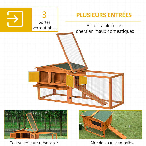 PAWHUT - Clapier cage à lapins rongeurs 2 étages tiroir déjection enclos extérieur toit ouvrant dim. 156L x 58l x 68H cm bois sapin pré-huilé - large