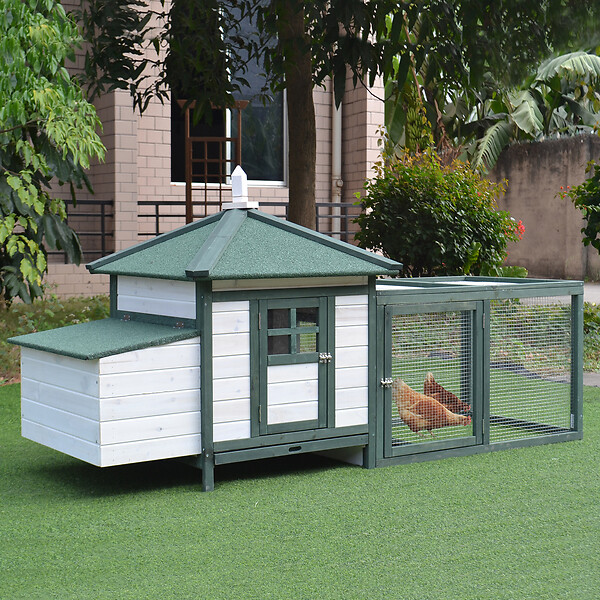 PAWHUT - Poulailler cottage multi-équipement perchoir rampe pondoir enclos tiroir à déjection 196L x 76l x 97H cm bois massif pin vert blanc - large