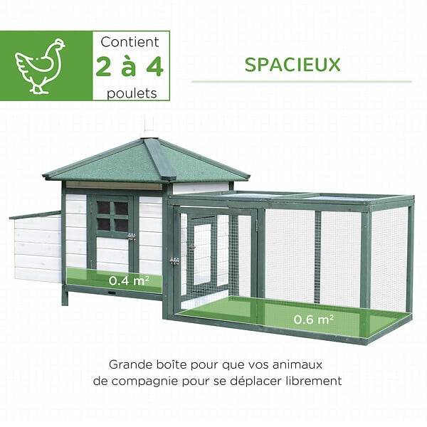 PAWHUT - Poulailler cottage multi-équipement perchoir rampe pondoir enclos tiroir à déjection 196L x 76l x 97H cm bois massif pin vert blanc - large