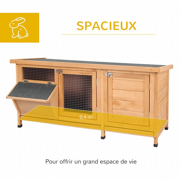 PAWHUT - Clapier sur pieds - cage à lapin - 2 plateaux coulissants à excrément, 2 portes verrouillables, toit bitumé ouvrant, râtelier à foin - bois sapin pré-huilé - large