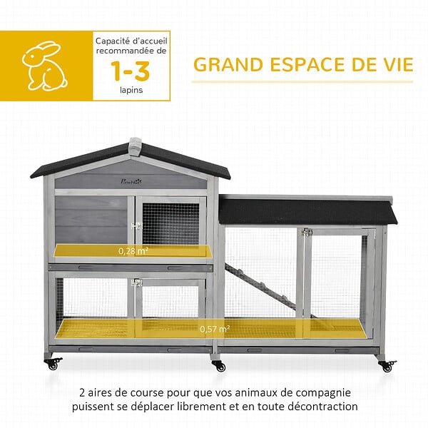 PAWHUT - Clapier bois sur roulettes 2 niv. 3 plateaux déjections coulissants sapin gris pré-huilé - large