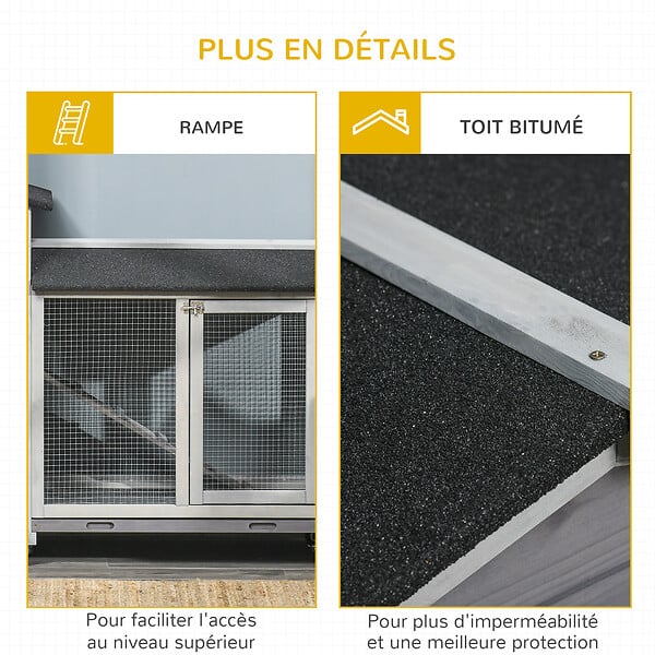 PAWHUT - Clapier bois sur roulettes 2 niv. 3 plateaux déjections coulissants sapin gris pré-huilé - large