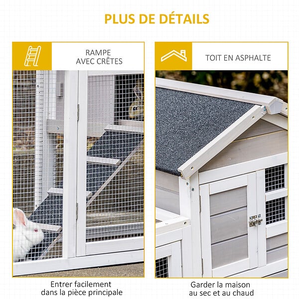 PAWHUT - Clapier cage à lapins cottage - niche supérieure avec rampe et enclos extérieur - plateau excrément, toit bitumé, 4 portes verrouillables - bois sapin blanc gris - large