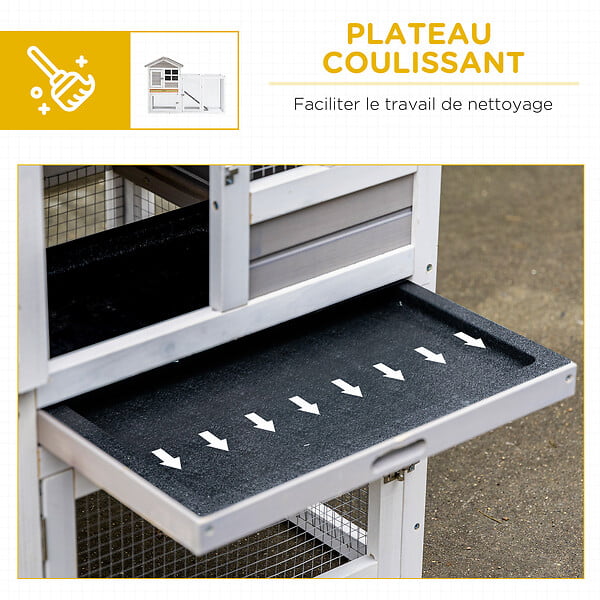 PAWHUT - Clapier cage à lapins cottage - niche supérieure avec rampe et enclos extérieur - plateau excrément, toit bitumé, 4 portes verrouillables - bois sapin blanc gris - large