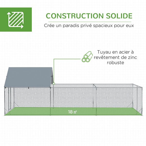 PAWHUT - Enclos poulailler chenil 18 m² - parc grillagé dim 6L x 3l x 1,95H m - espace couvert - acier galvanisé - large