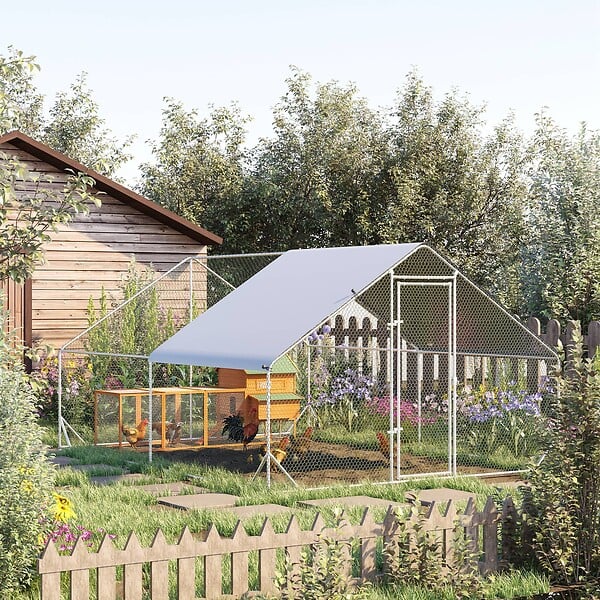 PAWHUT - Enclos poulailler chenil 12 m² - parc grillagé dim. 4L x 3l x 2H m - espace couvert - acier galvanisé - large