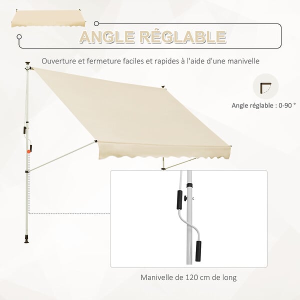 OUTSUNNY - Store banne manuel rétractable 3L x 1,5l m inclinaison et hauteur réglable installation rapide métal alu polyester anti-UV beige - large