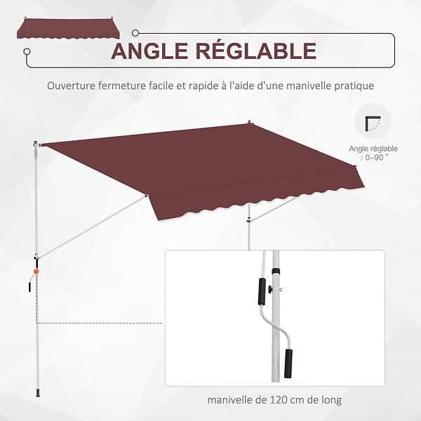 OUTSUNNY - Store banne manuel rétractable 3L x 1,5l m inclinaison et hauteur réglable installation rapide métal alu polyester anti-UV bordeaux - large