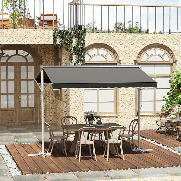 OUTSUNNY - Store double pente manuel rétractable inclinaison réglable acier époxy blanc polyester imperméabilisé anti-UV gris dim. 3L x 2,95l x 2,6H m - large