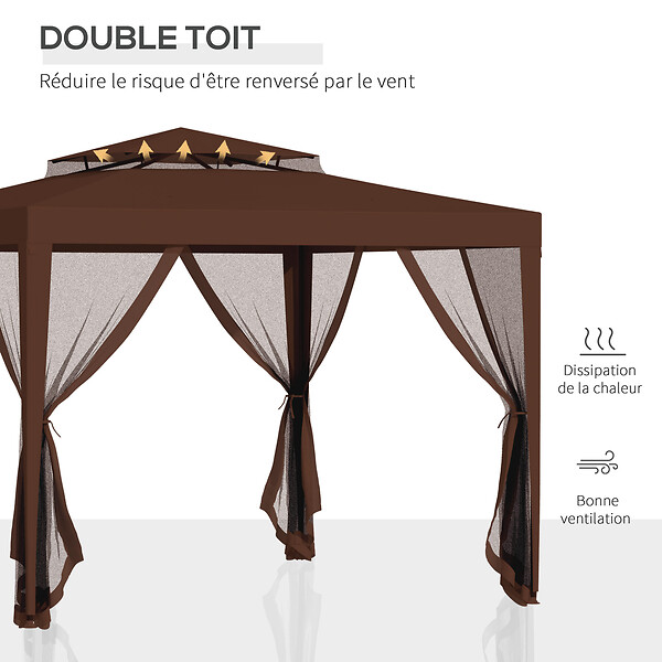 OUTSUNNY - Tonnelle barnum de jardin 3L x 3l m avec 4 moustiquaires amovibles - double toit - métal polyester marron - large