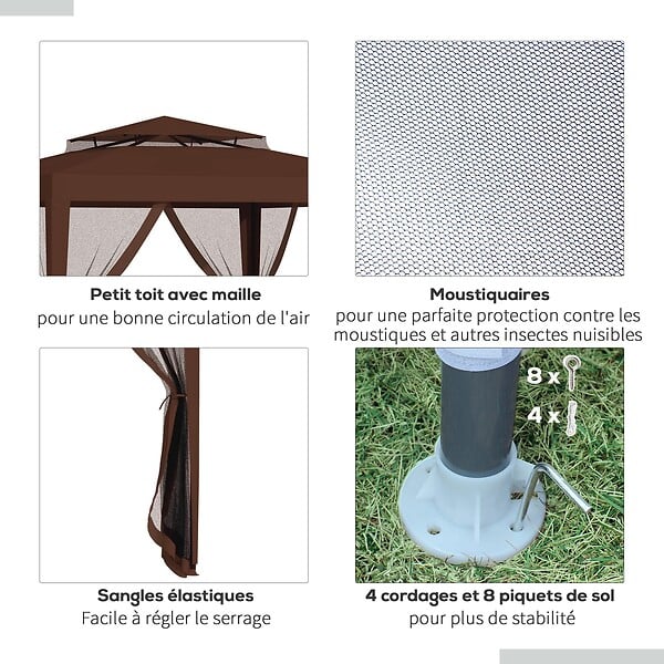 OUTSUNNY - Tonnelle barnum de jardin 3L x 3l m avec 4 moustiquaires amovibles - double toit - métal polyester marron - large