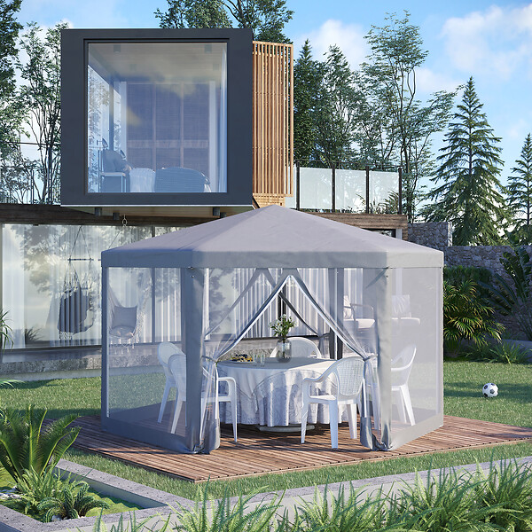 OUTSUNNY - Tonnelle barnum tente de réception hexagonale style cosy métal polyester imperméabilisé surface env. 10 m² gris - large
