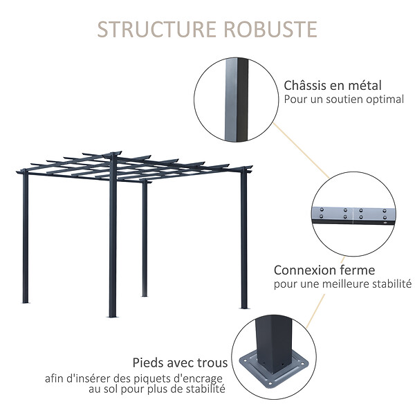 OUTSUNNY - Pergola autoportante style contemporain - toit terrasse à décorer - dim. 3L x 3l x 2,3H m - métal époxy anticorrosion noir - large