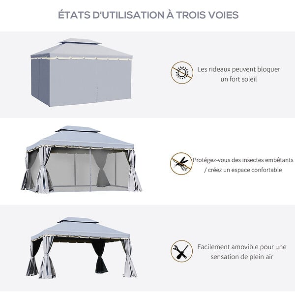 OUTSUNNY - Tonnelle barnum pavillon de jardin style colonial double toit toile moustiquaires et toiles amovibles 3,9L x 2,9l x 2,8H m gris - large